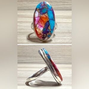 Handmade Sterling Silver Oval Dahlia Copper Turquoise Ring, Size 9.5